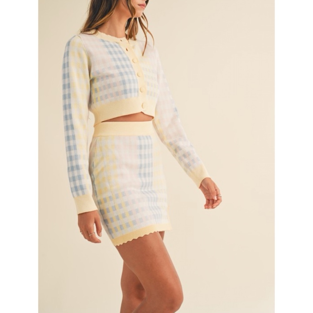 MABLE Soft Spring Pastels Color Block Checker Scalloped Skirt & Cardi Set - Picture 4 of 11
